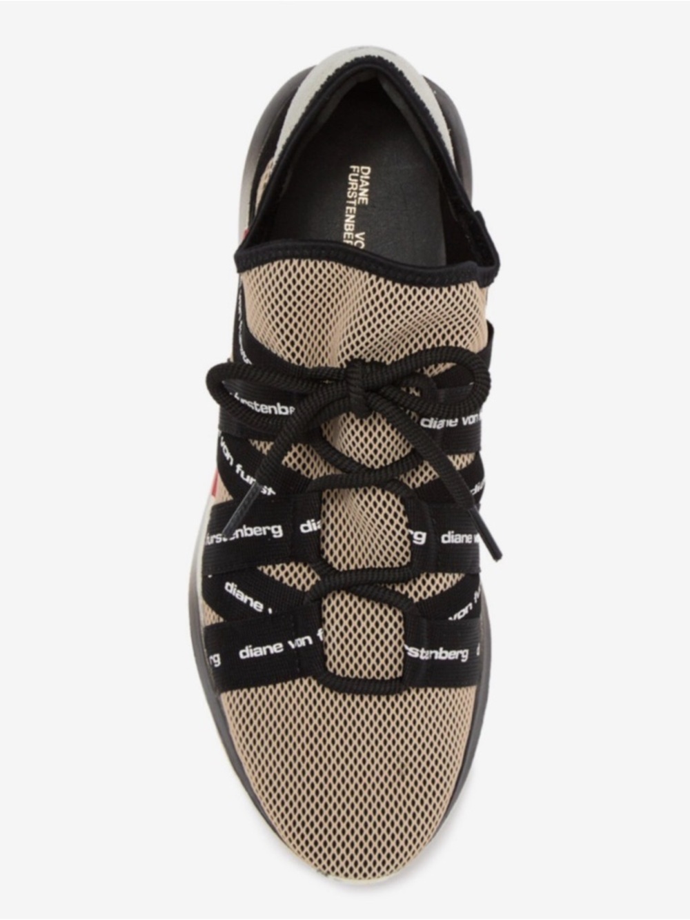 Diane Von Furstenberg Beige and Black Mesh Athletic Sneaker with Red Accent - Picture 4 of 9